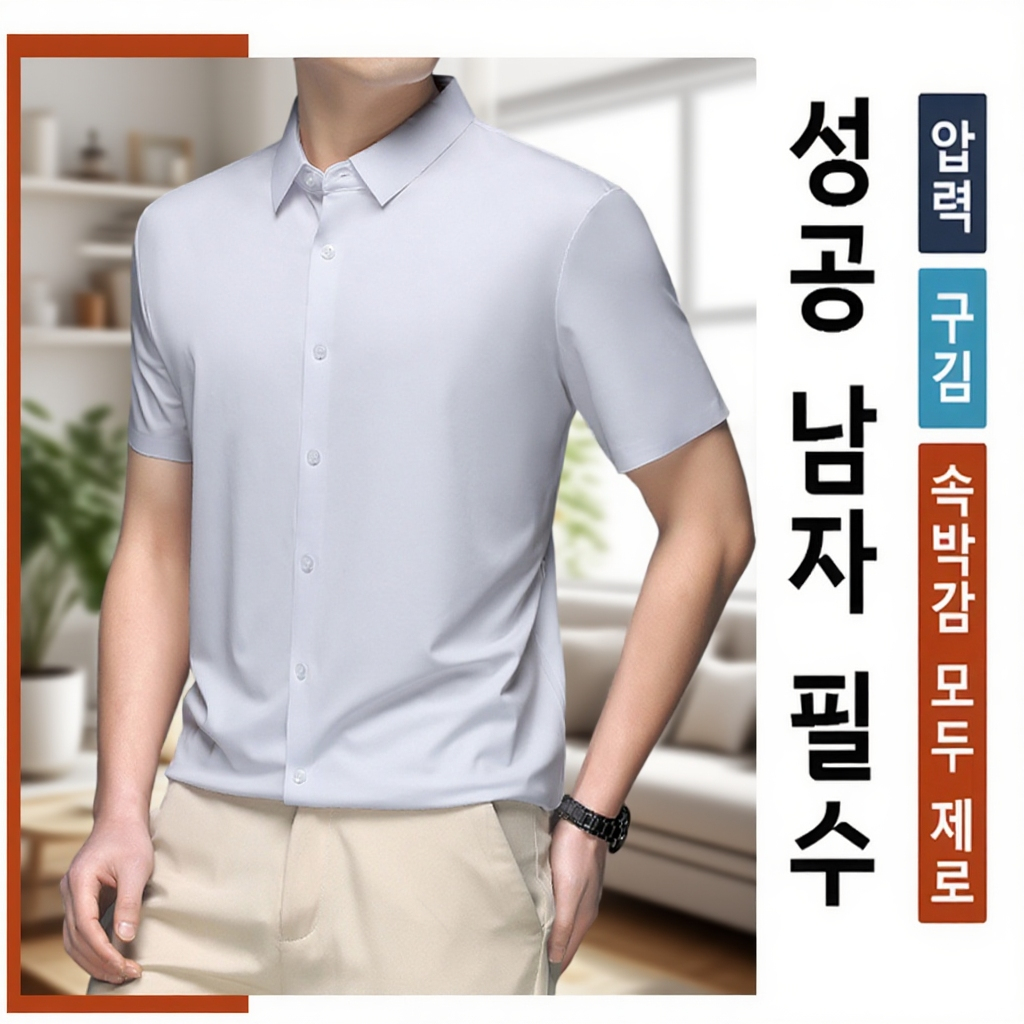 남자 아이스 비즈니스 캐주얼 반팔 셔츠 헴라인 주름 무지 남장 가운 반팔 셔츠