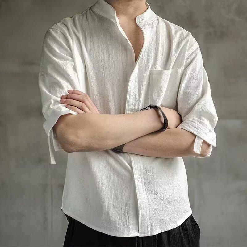 日本製レトロ無地リネンメンズシャツ正面