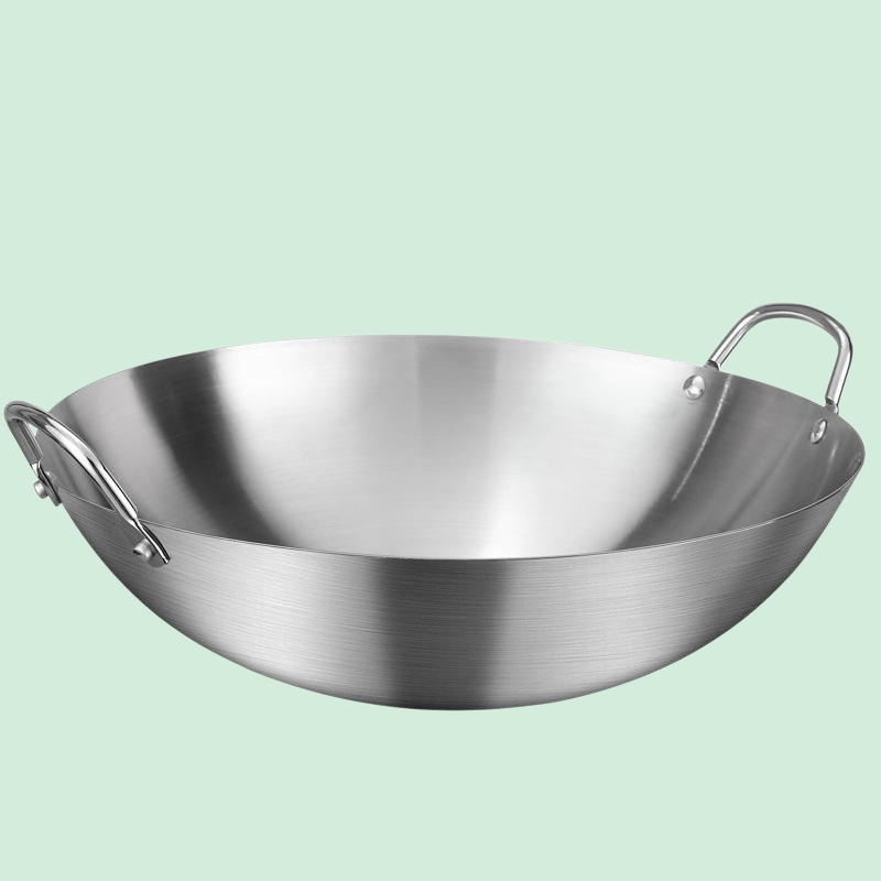 両耳と丸底のステンレス製フライパン、木製ハンドルと片手ハンドル、フライパン、大型大鍋、炒め用大鍋、田舎風大鍋