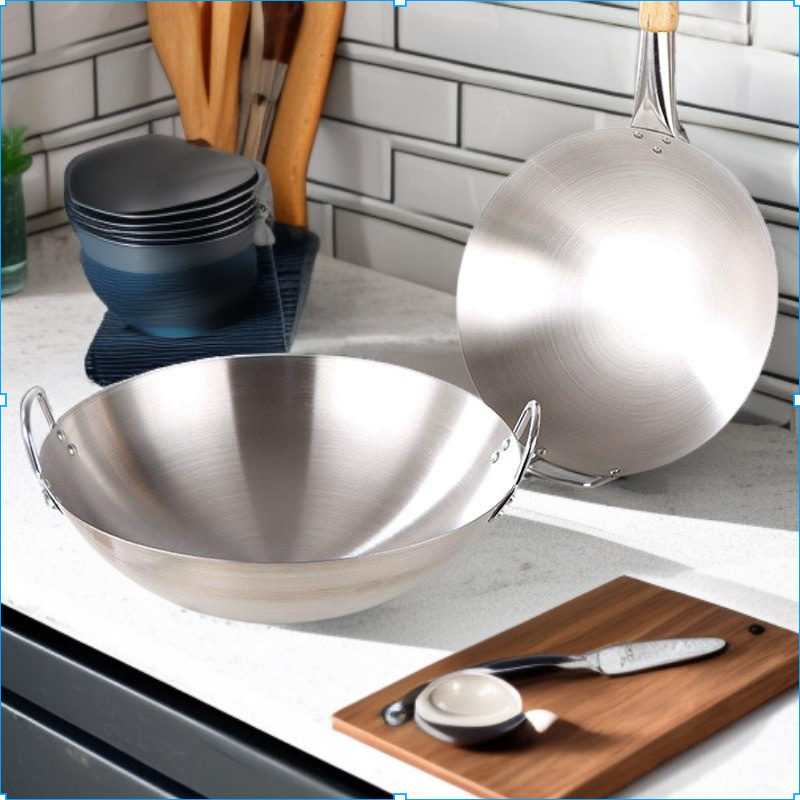 両耳と丸底のステンレス製フライパン、木製ハンドルと片手ハンドル、フライパン、大型大鍋、炒め用大鍋、田舎風大鍋