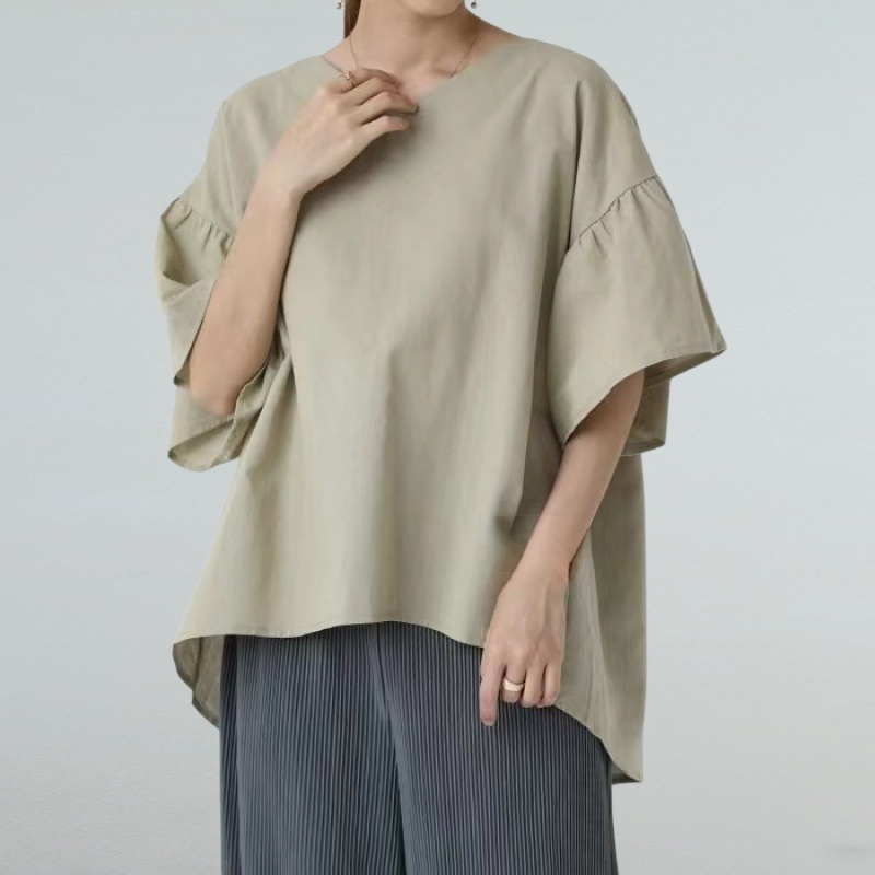 봄여름 한풍 ins 여성 상의 반팔 빅사이즈 루즈핏 셔츠 브이넥 프릴 숄더 블라우스