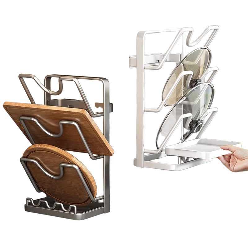 Wandmontiertes Topfdeckel- und Schneidebrettregal, stanzfrei