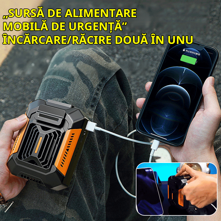 Dispozitiv de răcire completă pentru exterior【lanternă + power bank】cu curea inclusă