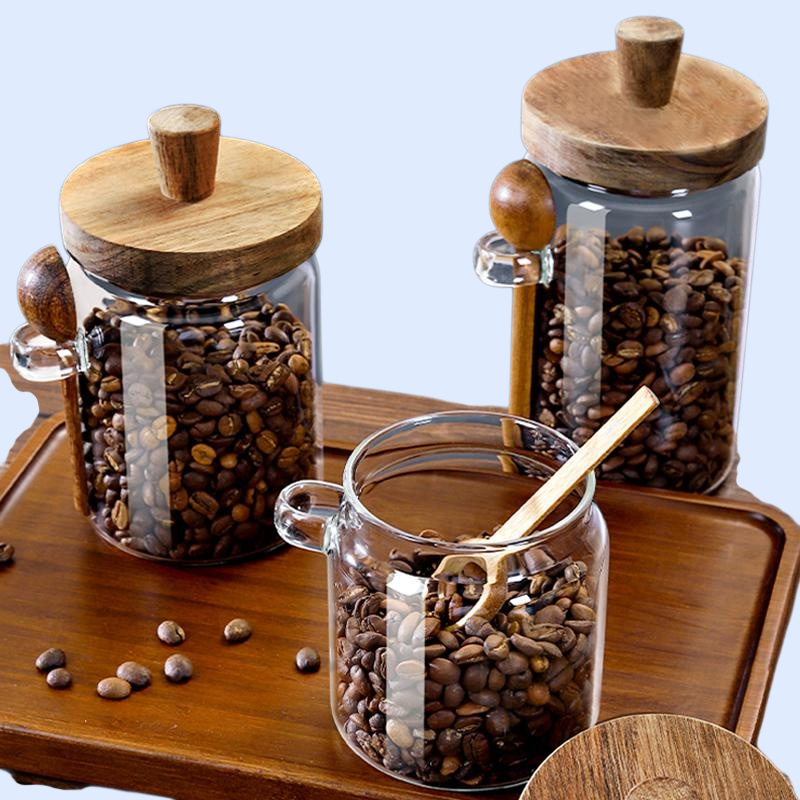 스푼이 달린 커피 원두 유리 밀폐병 소형 콩 저장통