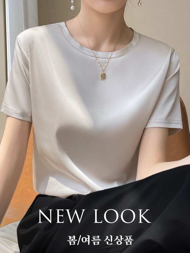 여하 루즈핏 뽕나무 실크 새틴 티셔츠 여 반팔 라운드 반팔 여름 여복 레깅스 아세트산 새틴 티셔츠