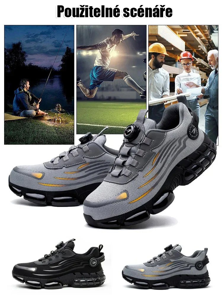 Ochranné pracovní boty s otočným knoflíkem, odolné proti propíchnutí a nárazu.