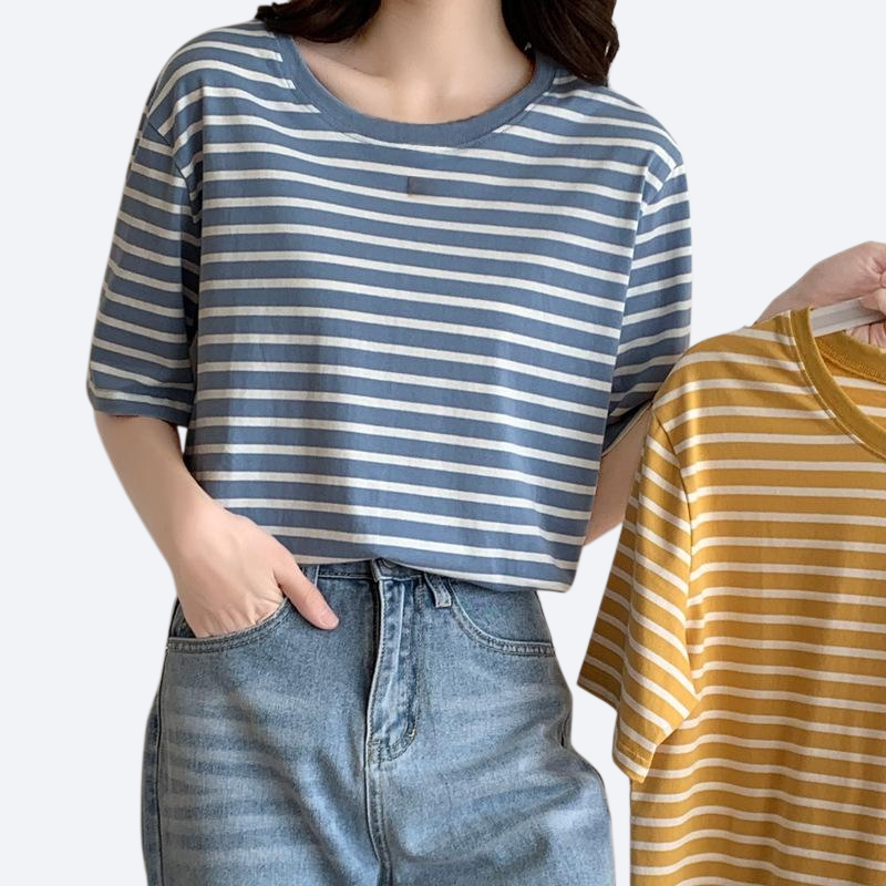 여성 여름 얇은 와이드 스트라이프 반팔