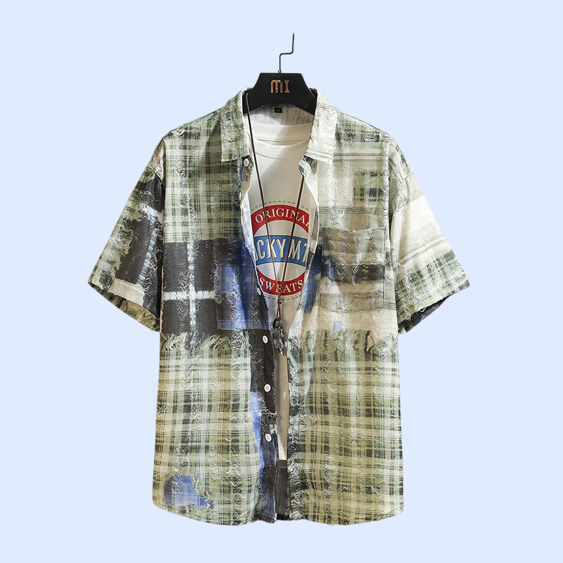 2025년 여름 신상 남성 체크 플라워 패치 반팔 셔츠 아우터