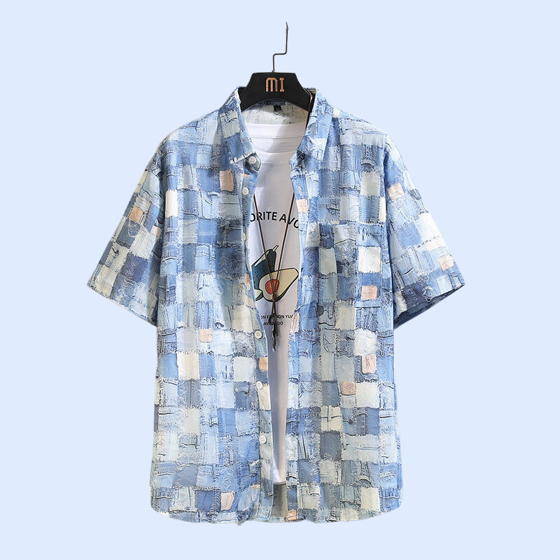 2025년 여름 신상 남성 체크 플라워 패치 반팔 셔츠 아우터