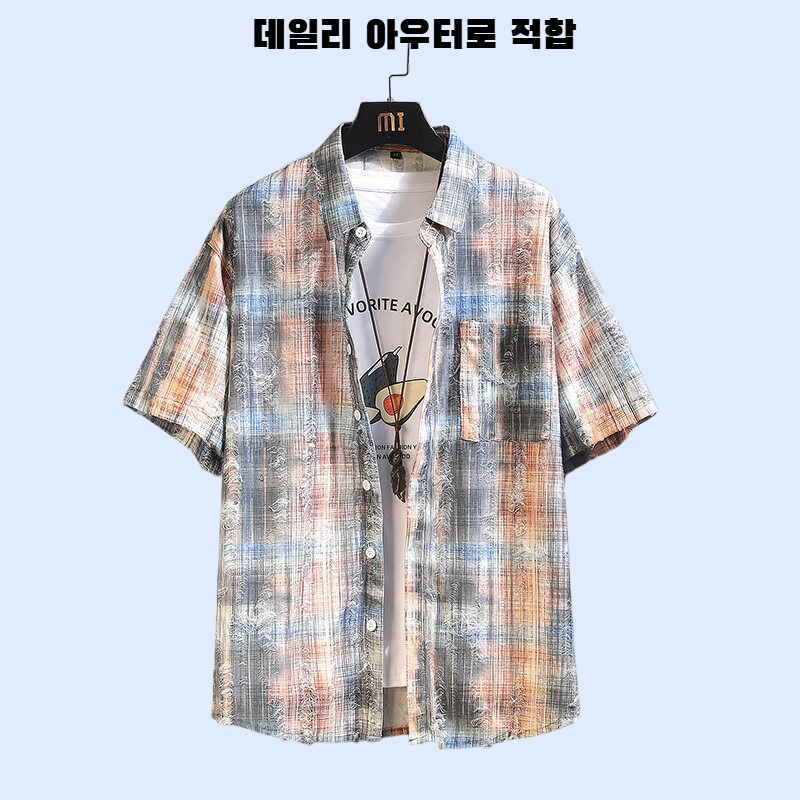 2025년 여름 신상 남성 체크 플라워 패치 반팔 셔츠 아우터