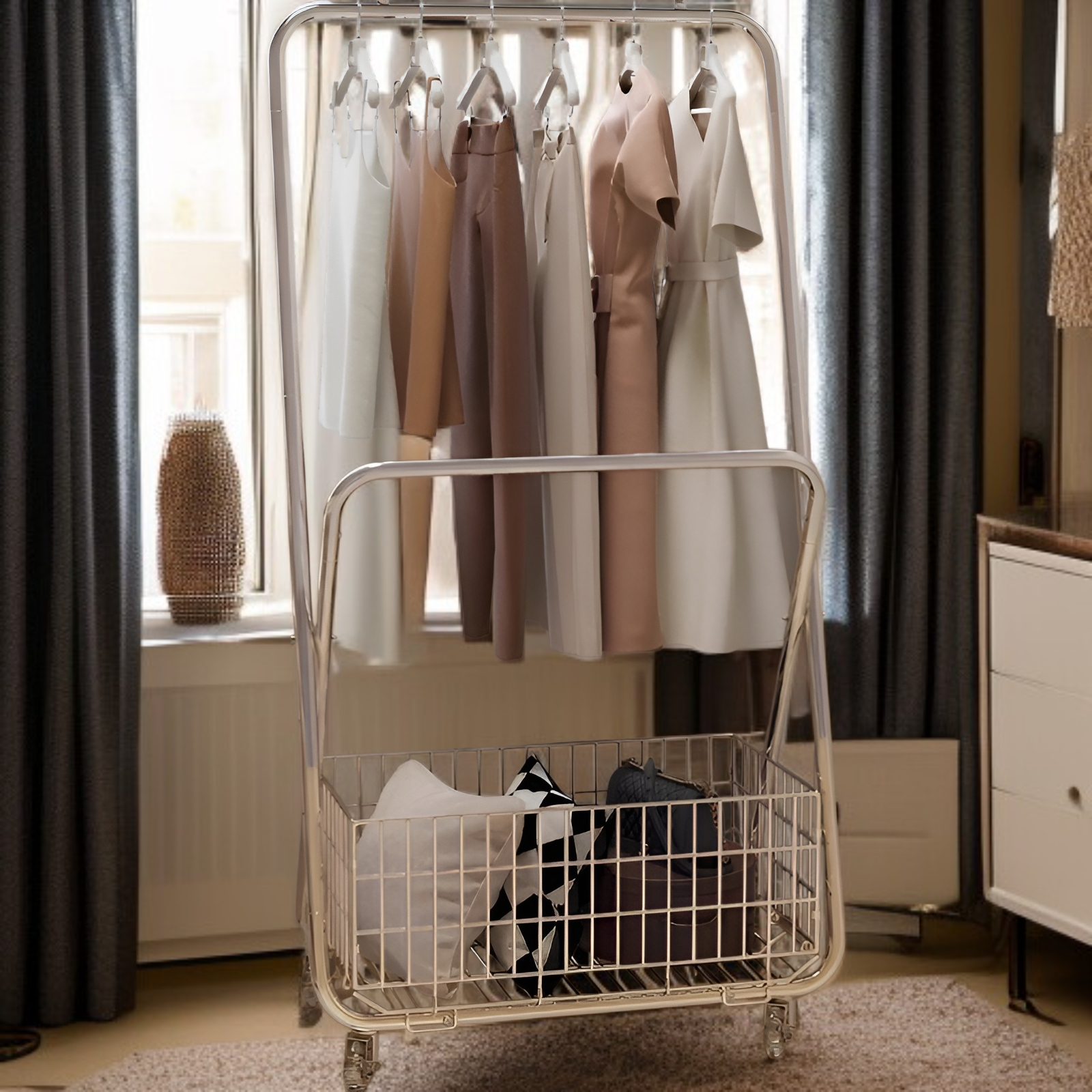 床置き洋服ラック フロアベッドルームコートラック 厚みのある金属製 キャスター付き バルコニー洋服ラック フレーム付き