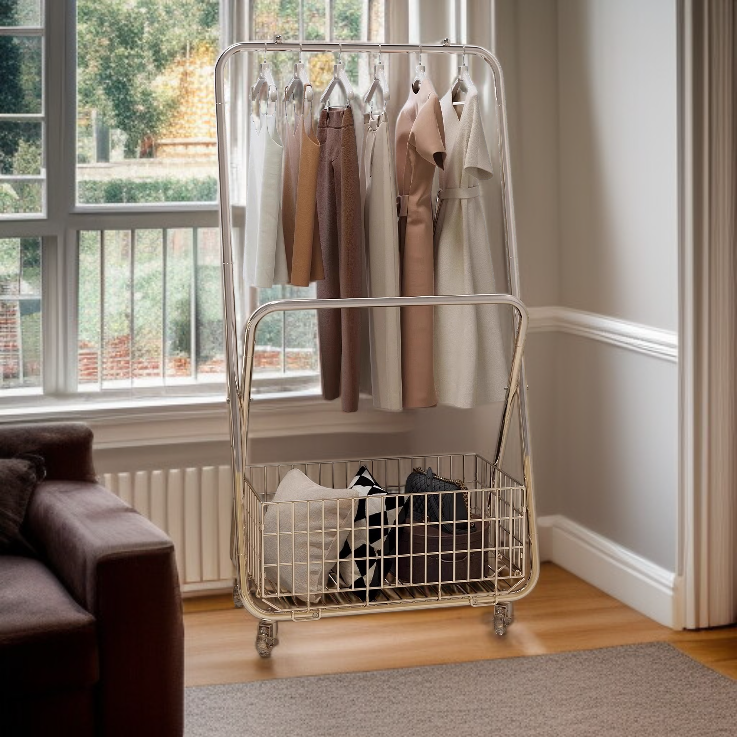 床置き洋服ラック フロアベッドルームコートラック 厚みのある金属製 キャスター付き バルコニー洋服ラック フレーム付き