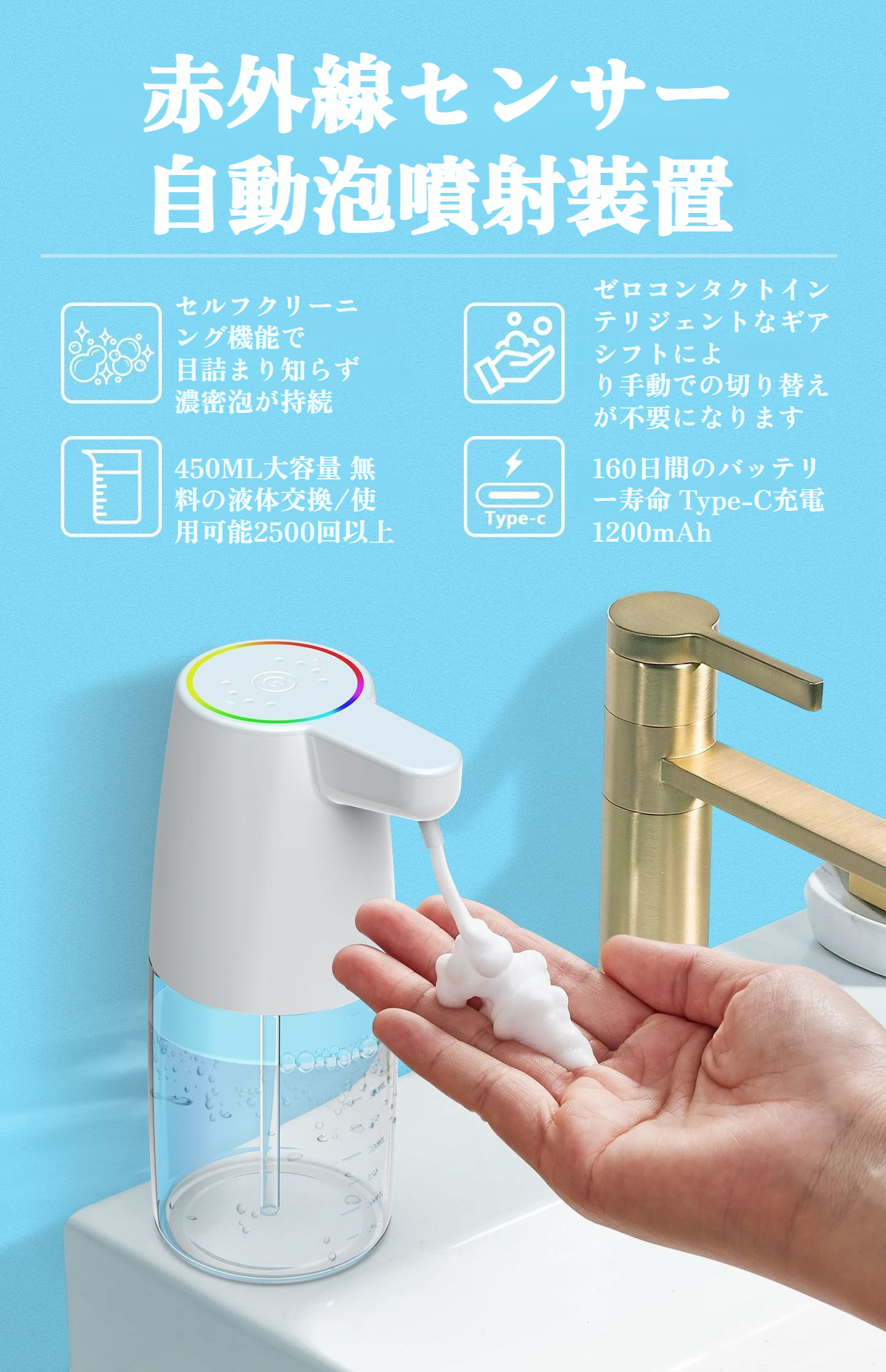 手をかざして泡が出るソープディスペンサー