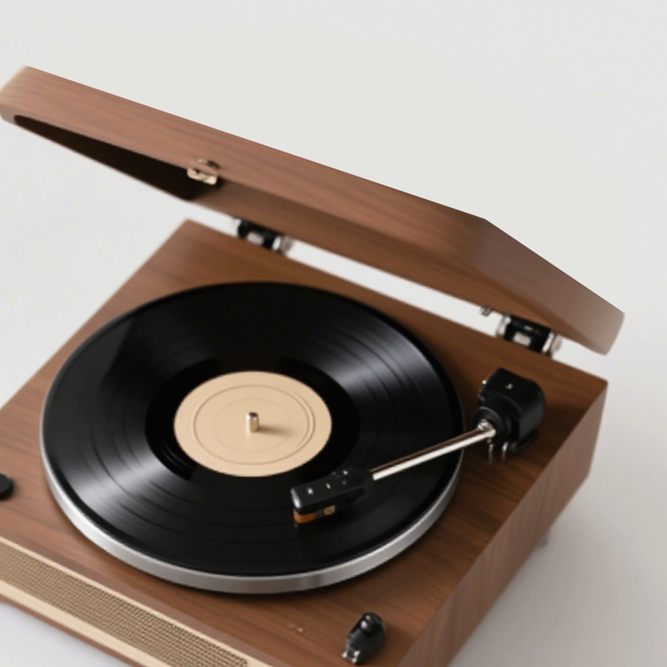 Tömörfa retró bakelitlemez-lejátszó elölnézet