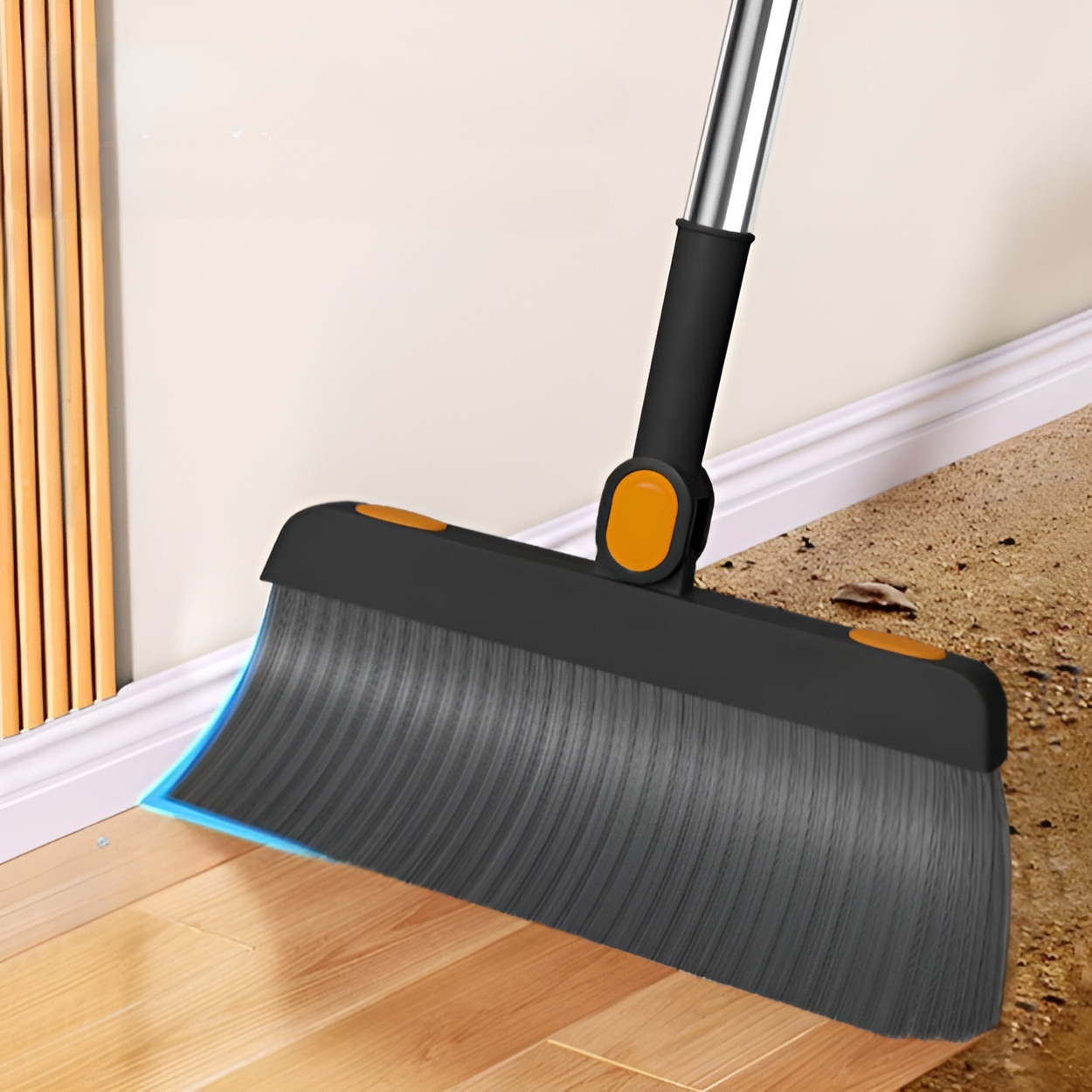 柔らかい毛を使用した掃除用ほうきのアップ画像