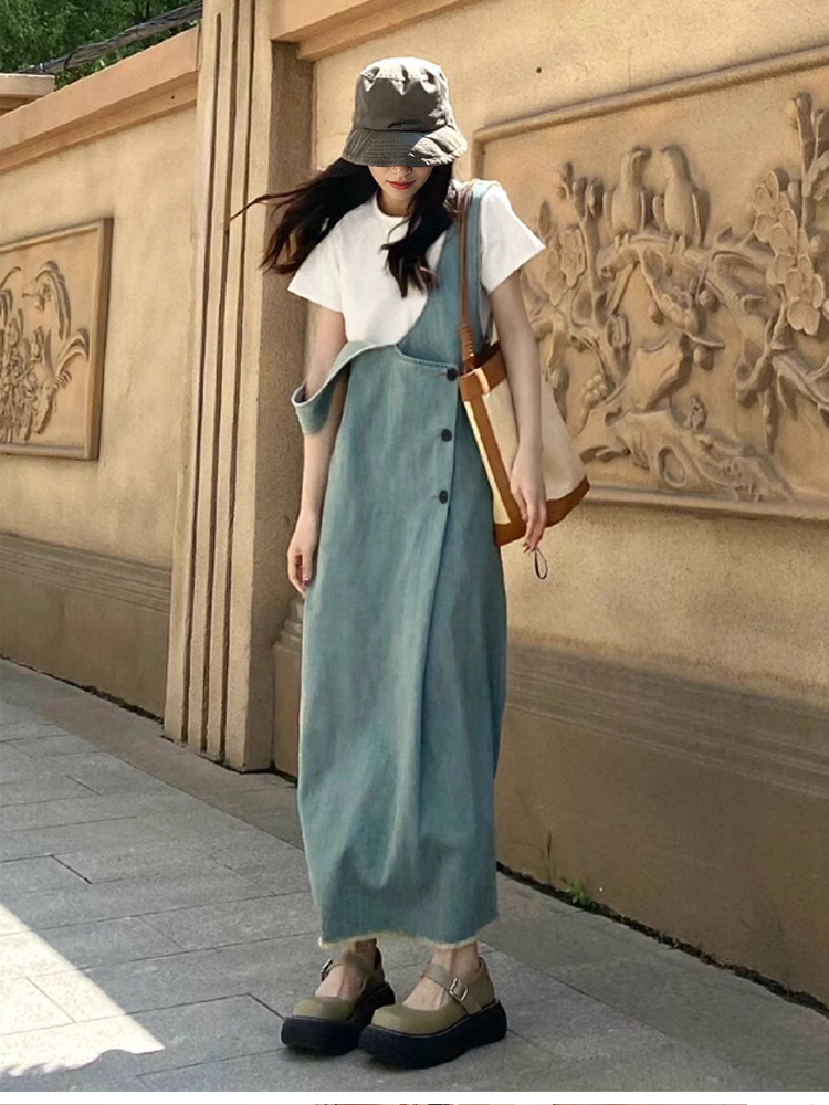 빈티지 트리밍 데님 멜빵 스커트 여성 원피스 날씬해 보이는 빈티지 카고 스커트