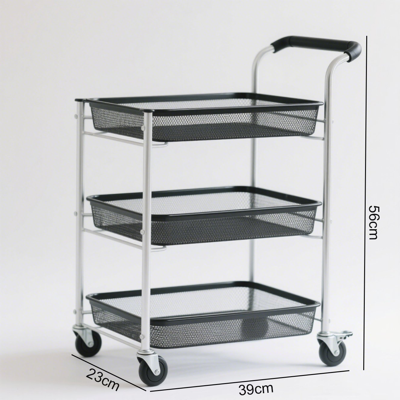 Detailní pohled na třípatrový úložný vozík