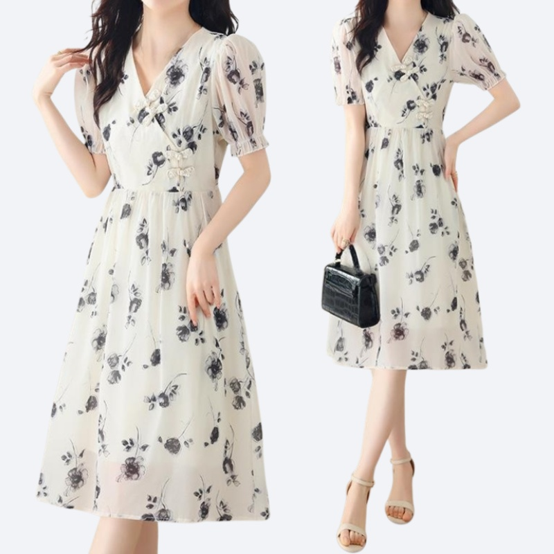 여성 여름 신상 슬림핏 날씬한 플라워 시폰 원피스