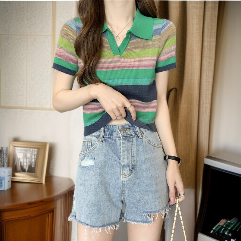 유니크한 디자인감의 여름 숏 시크 터틀넥 레인보우 스트라이프 니트 반팔티 상의녀