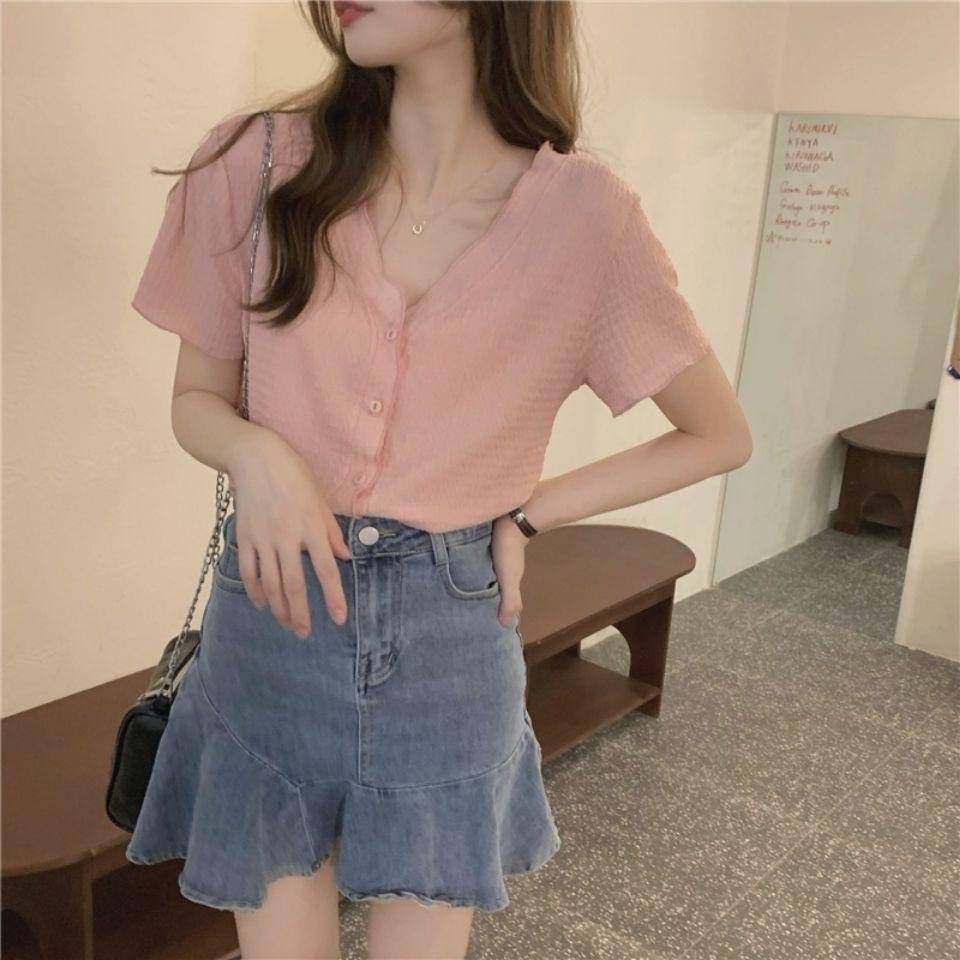 韓国スタイルVネック半袖トップス＆スリムショートパンツ女性用セット
