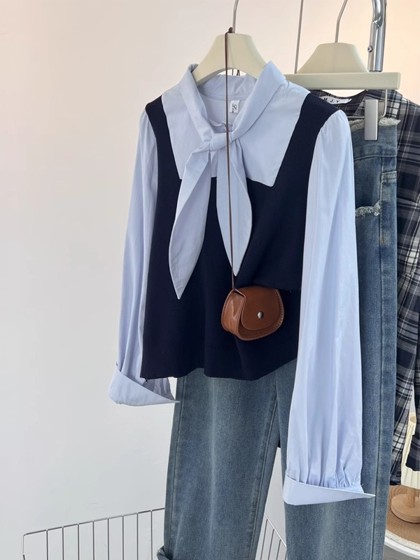 루즈핏 스트링 니트 베스트 패션 가짜 긴팔 셔츠 감령 루즈핏 스트링 긴팔 셔츠