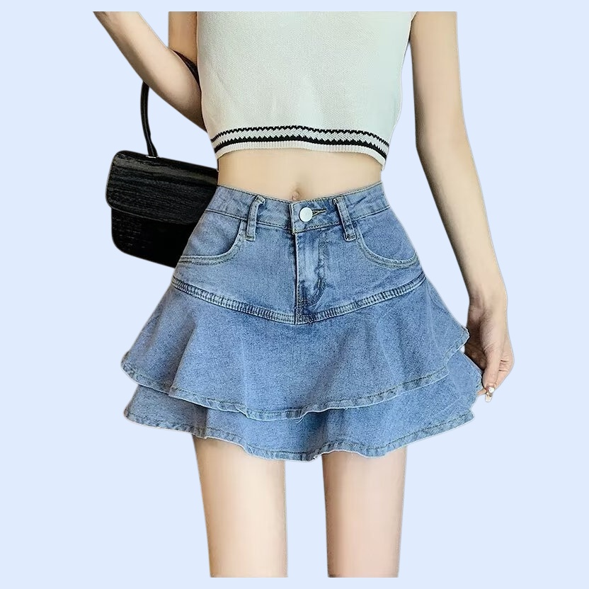 하이웨스트 프릴 데님 스커트