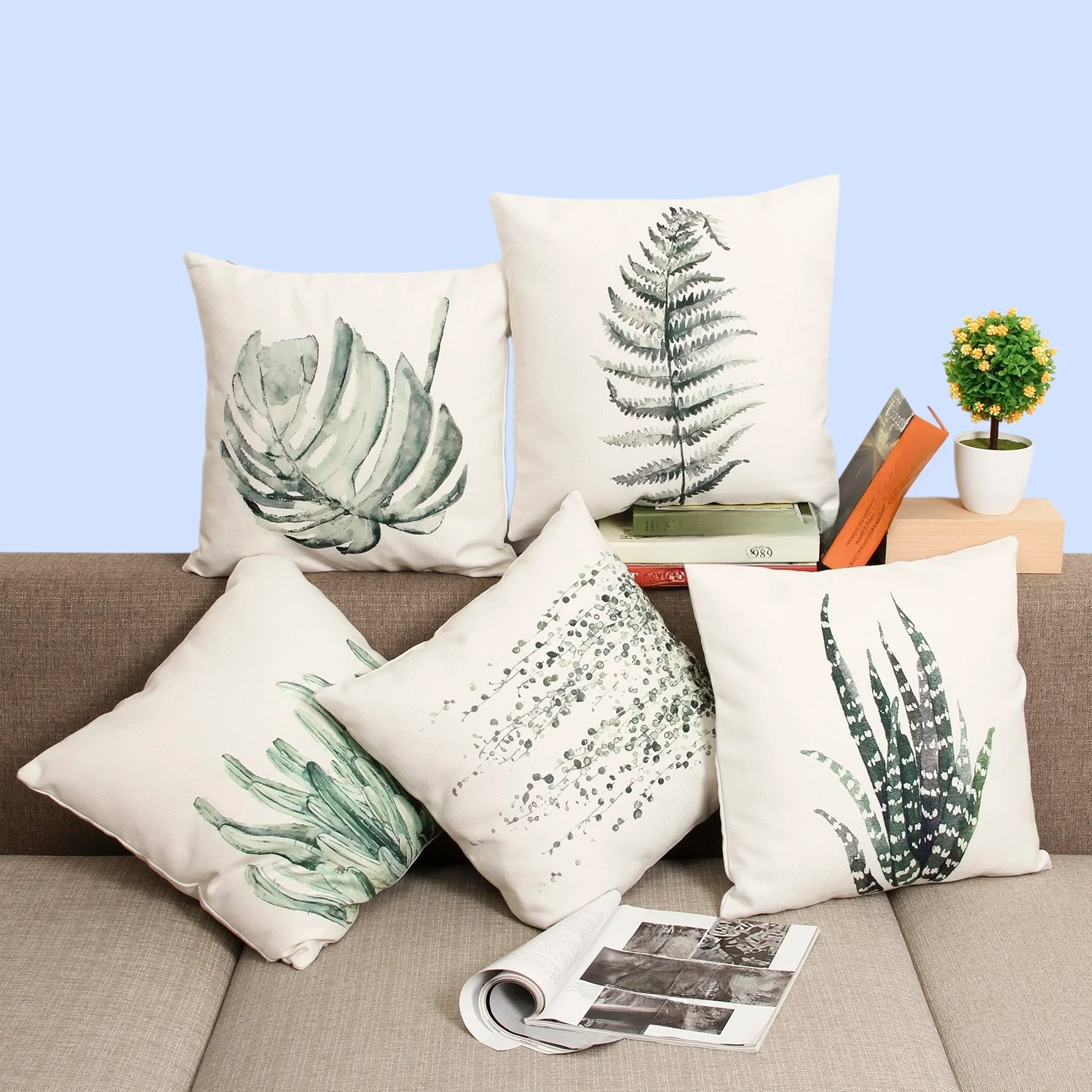 新型リネンホワイト抱き枕グリーンリーフプリント