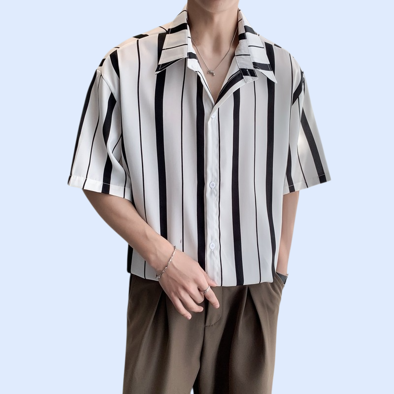 2025년 봄여름 신상 남성용 심플 스트라이프 아이스실크 쿨링 셔츠