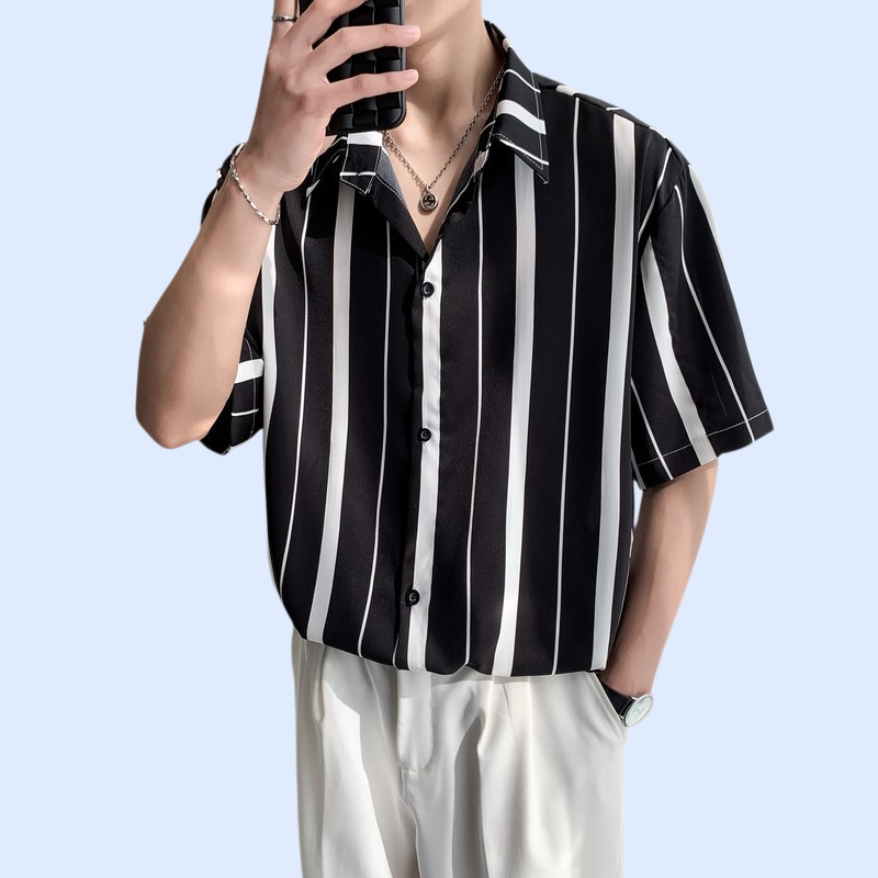2025년 봄여름 신상 남성용 심플 스트라이프 아이스실크 쿨링 셔츠