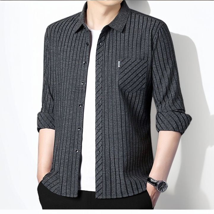 비즈니스 캐주얼 긴팔 셔츠 린넨 스트라이프 뽕나무 실크 셔츠 중년 남성 아빠룩 긴팔 셔츠