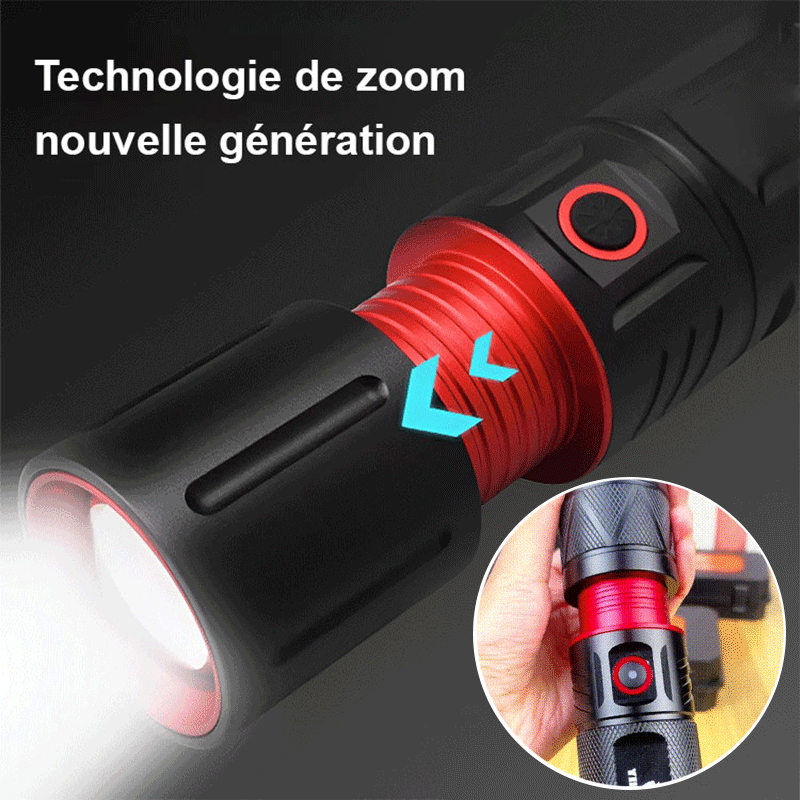 Lampe de poche à haute luminosité pour l'extérieur avec zoom télescopique et longue portée.