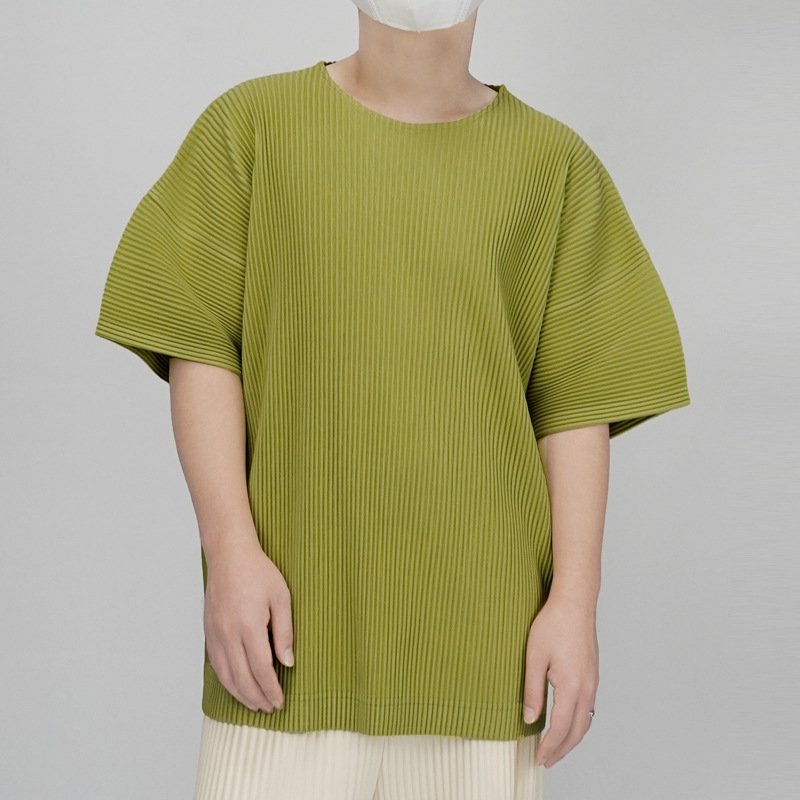 プリーツメンズカジュアルTシャツオールマッチ5分袖トップス