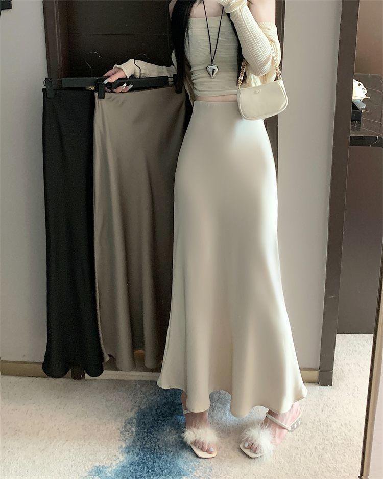 여성용 하이웨스트 머메이드 롱스커트 착용샷