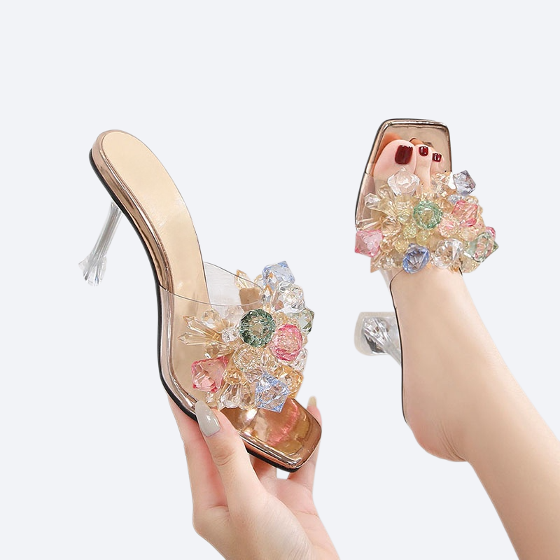 クリスタルフラワーハイヒールのスリッパ
