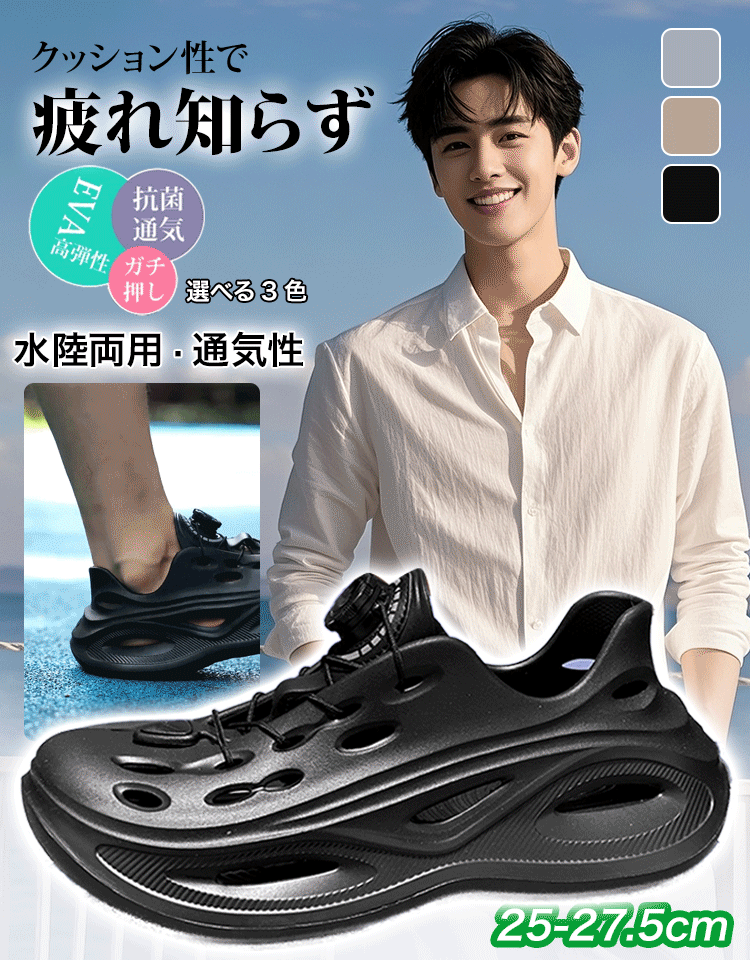 【レースフリー】回転ボタンの靴紐付きメンズスニーカー型のEVAサンダル