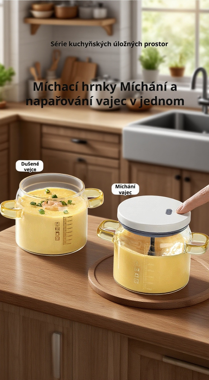 Automatický šlehač vajec v hrnku na kuchyňské lince