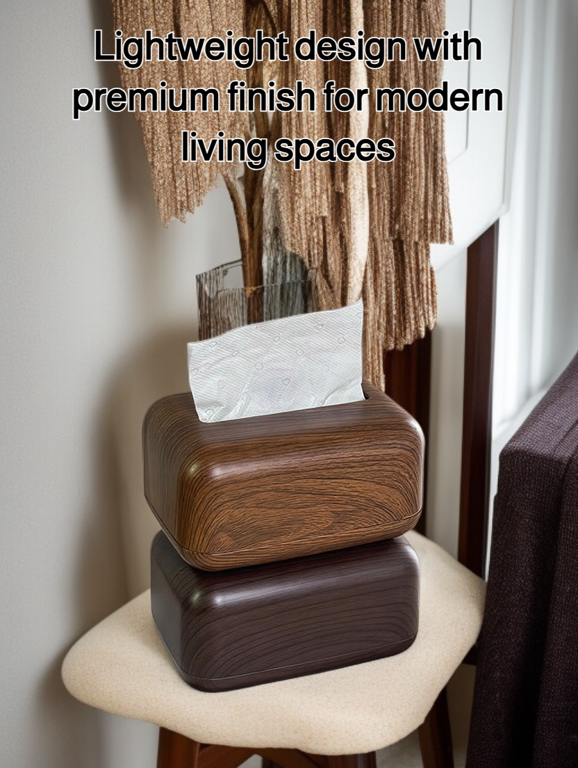 Wood grain desktop tissue box on living room table