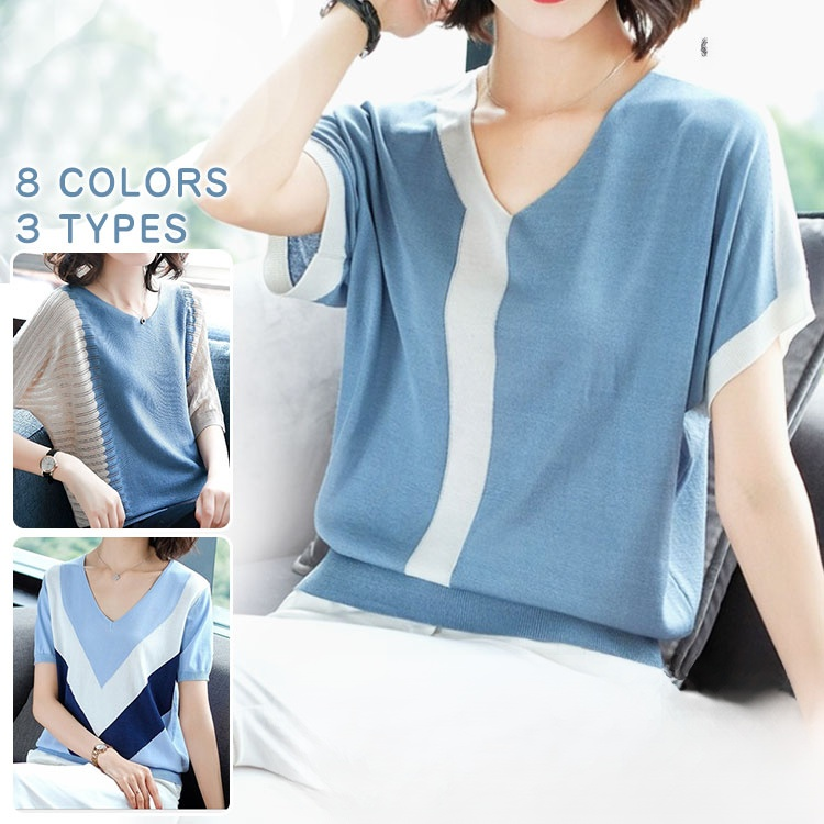 ニットtシャツ  ブラウス カットソー Vネック 3タイプ 通気吸汗 ゆったり カジュアル