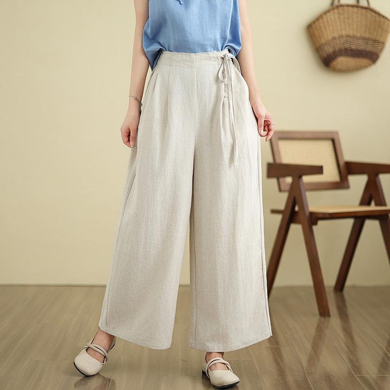 レディース夏用薄手綿麻ワイドストレートパンツ 九分丈 カジュアル