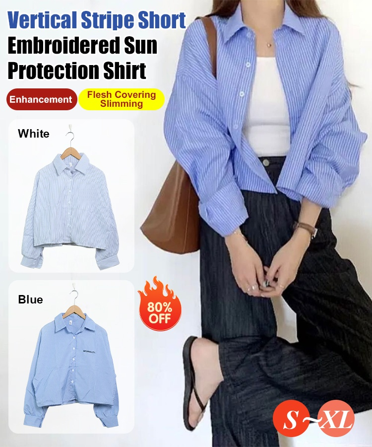 Vertical striped cropped embroidered sun protection shirt