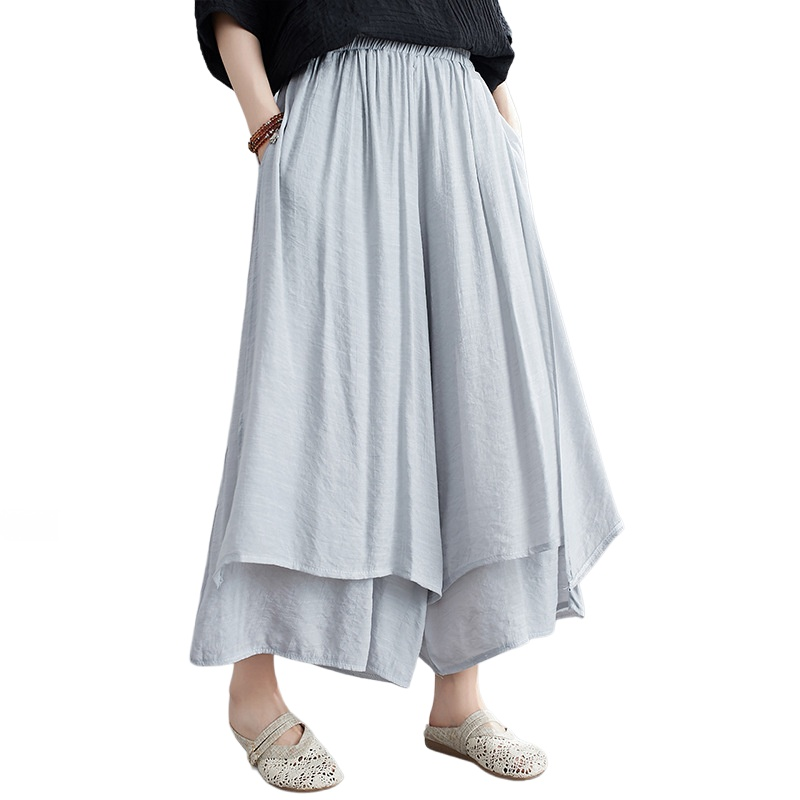 文学的な女性の夏の綿麻ワイドパンツ 無地9分丈ワイドパンツ