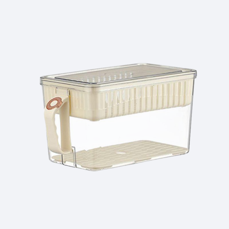 Food grade container with handle and lid for draining and preserving freshness
