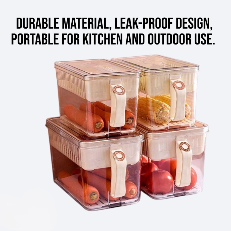 Food grade container with handle and lid for draining and preserving freshness