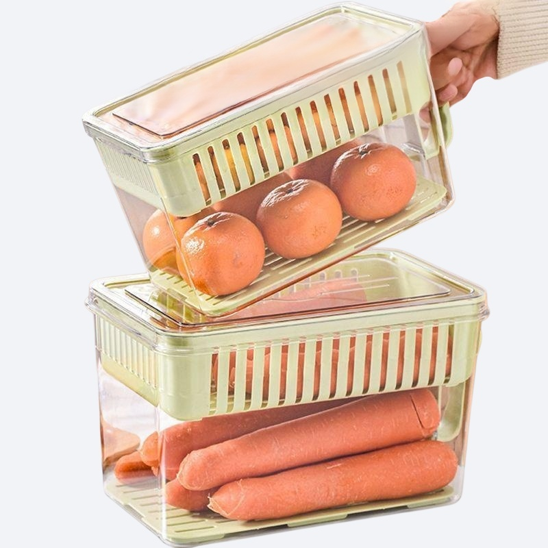 Food grade container with handle and lid for draining and preserving freshness