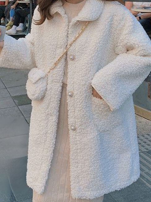 【시리즈 가방 증정】 소프트 소녀 두꺼운 모피 일체형 램스울 코트