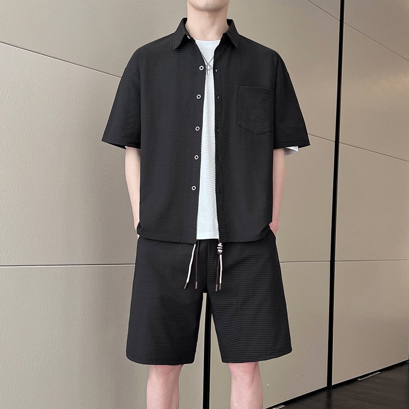 남성 여름 신상 반팔 셔츠와 반바지 5부 팬츠 세트, 루즈핏 얇은 캐주얼 투피스 세트