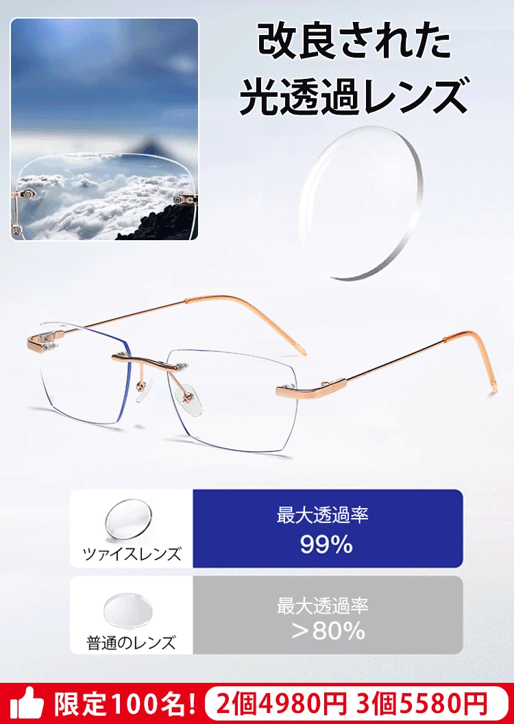 光感変色ズームリムレス老眼用メガネ【男女兼用】