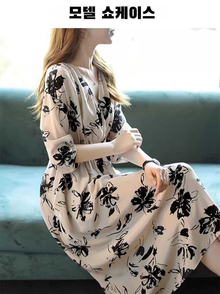 【핫세일】 V넥 원피스 여성 봄/여름 기질 슬림 미디 길이 스커트 허리 플리츠 원피스