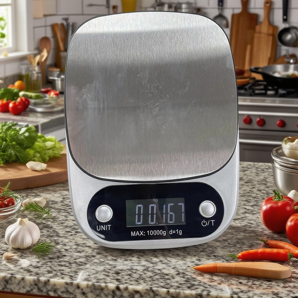 Chytrá kuchyňská váha na pracovní desce v moderní kuchyni