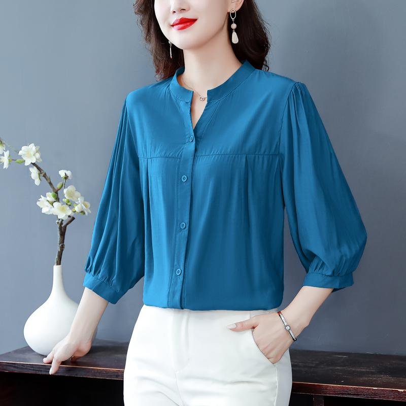 リネン混シャツ レディース 上品 ゆったり 半袖/七分袖 体型カバー ブラウス